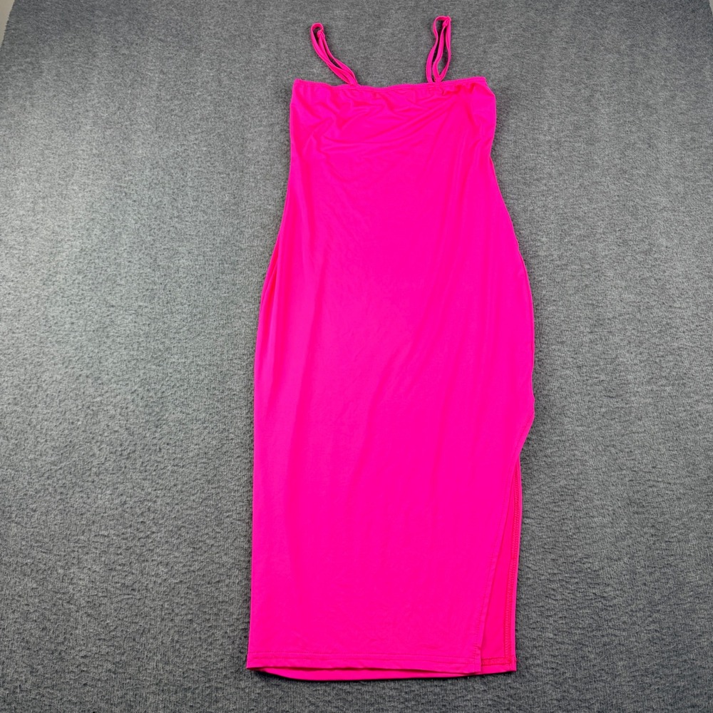 Blush Mark Neon Pink Bodycon Midi Dress Spaghetti Strap Side Slit Women's Size M